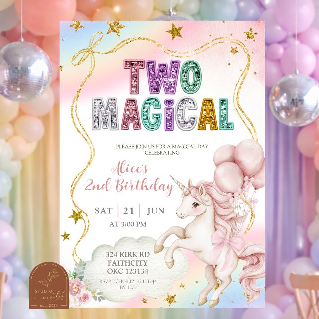 Rainbow Pastel Unicorn Two Magical 2nd birthday In Invitation (Creator Uploaded)