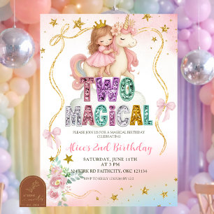 Rainbow Pastel Unicorn TWO Magical Birthday Invita Invitation