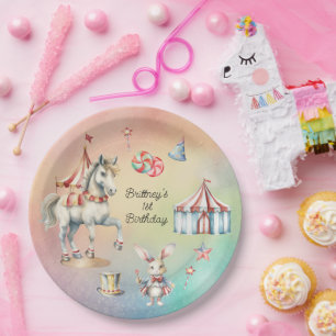 Rainbow Pastel w Animals 1st Birthday Party Paper Plates