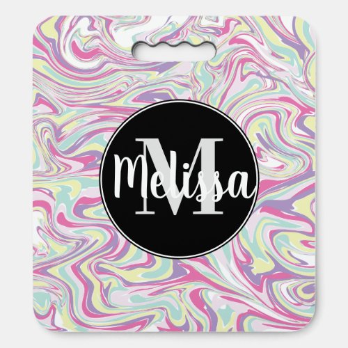 Rainbow Pastel Water Marble Pattern Initial Name Seat Cushion