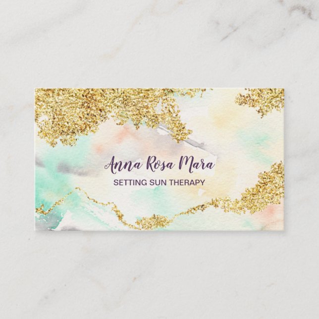 *~* Rainbow Pastel Watercolor Wash Gold Glitter Business Card (Front)