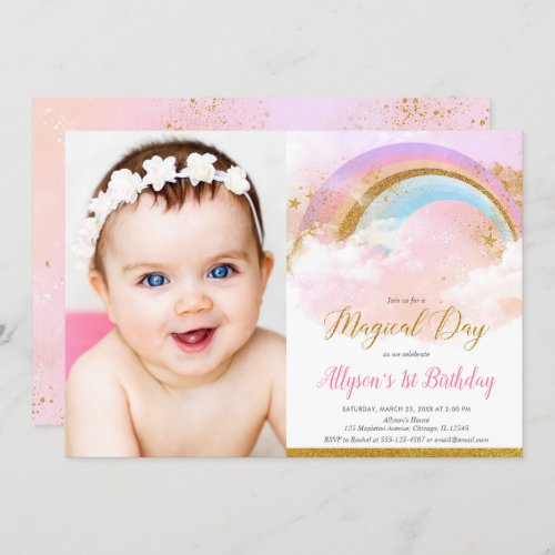 Rainbow pastels pink and gold birthday party photo invitation