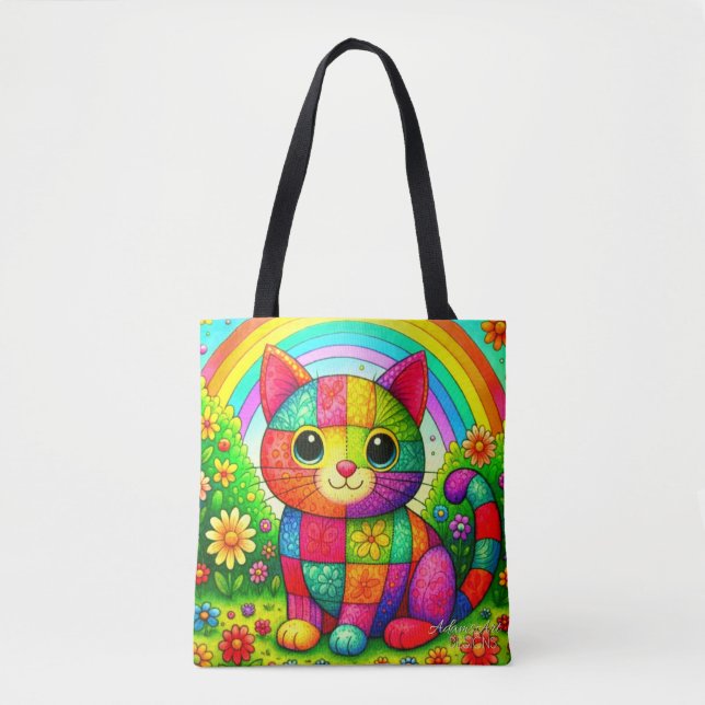 Rainbow Patchwork Cat Art Tote Bag (Front)