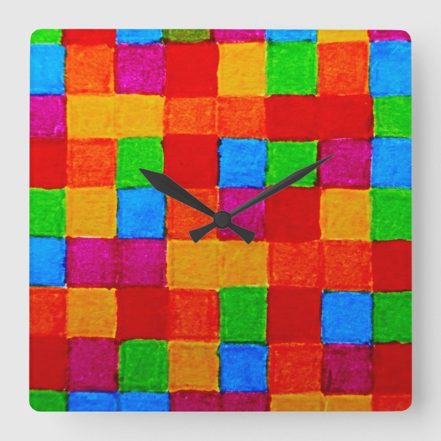 Rainbow Patchwork Quilt Colour Grid Abstract Square Wall Clock (Front)