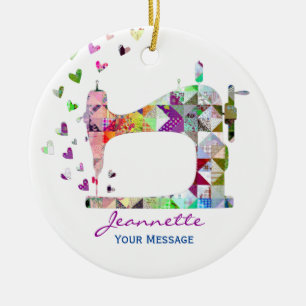 Rainbow Patchwork Quilt Sewing Machine Ceramic Ornament