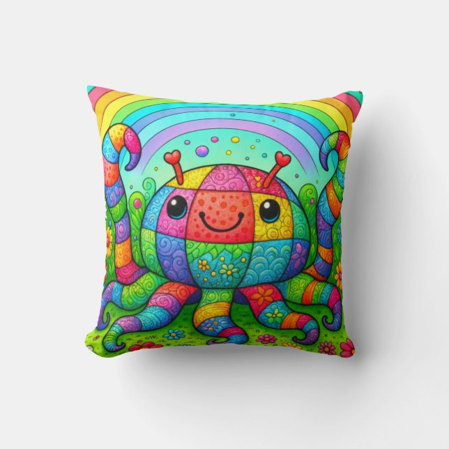Rainbow Patchwork Whimsical Colorful Octopus Throw Pillow (Front)