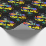 [ Thumbnail: Rainbow Pattern "Congrats", Fireworks, Custom Name Wrapping Paper ]