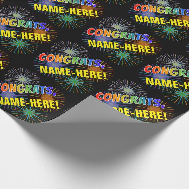 Rainbow Pattern "CONGRATS", Fireworks, Custom Name Wrapping Paper (Corner)
