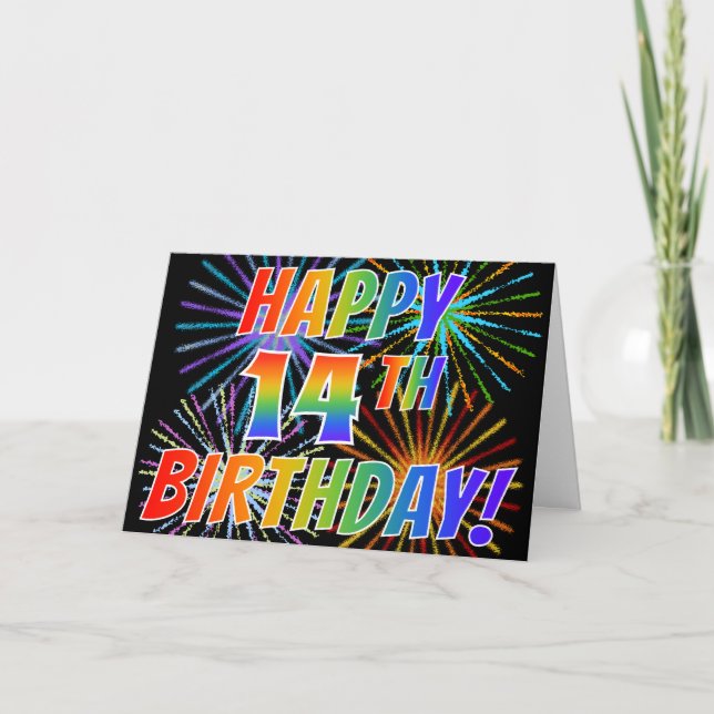 Rainbow Pattern "HAPPY 14TH BIRTHDAY!" + Fireworks Card (Front)