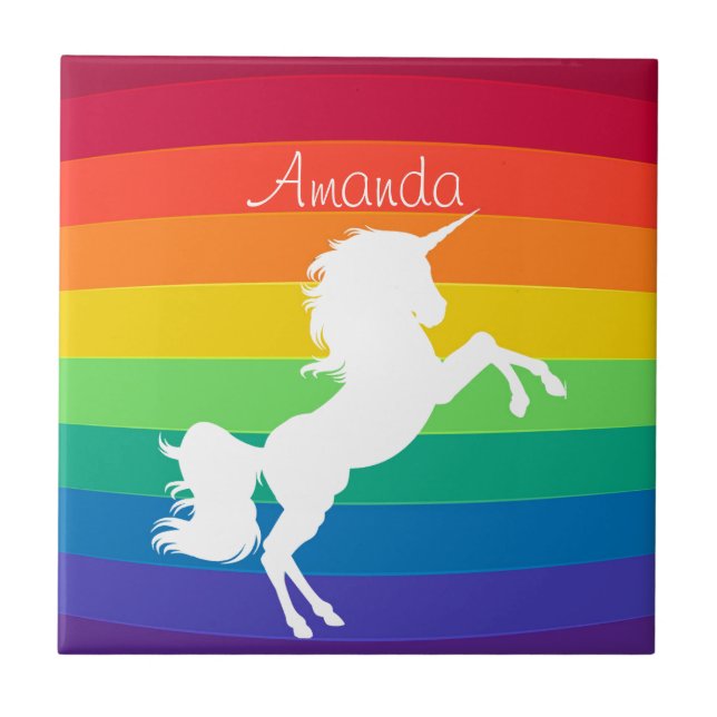 Rainbow Pattern White Unicorn Personalized Custom Ceramic Tile (Front)