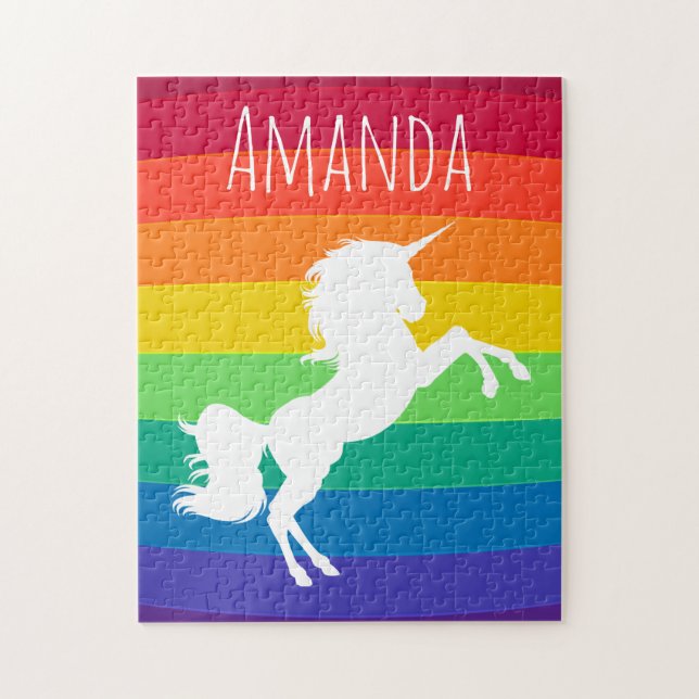 Rainbow Pattern White Unicorn Personalized Custom Jigsaw Puzzle (Vertical)