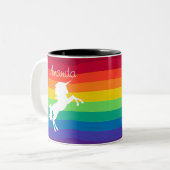 Rainbow Pattern White Unicorn Personalized Custom Two-Tone Coffee Mug (Front Left)