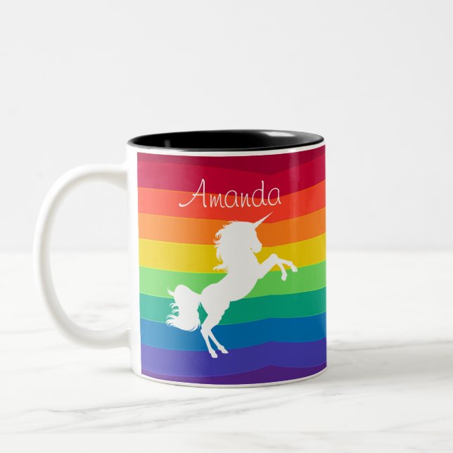 Rainbow Pattern White Unicorn Personalized Custom Two-Tone Coffee Mug (Left)