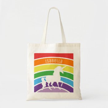 Rainbow Pattern White Unicorn Personalized Kids Tote Bag by LilPartyPlanners at Zazzle