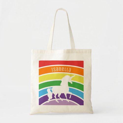 Rainbow Pattern White Unicorn Personalized Kids Tote Bag