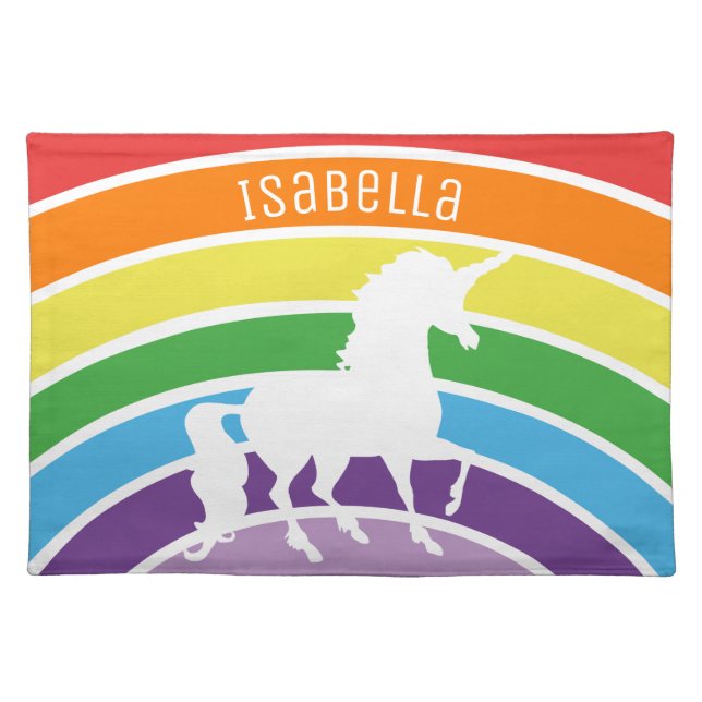 Rainbow Pattern White Unicorn Personalized Pretty Placemat (Front)