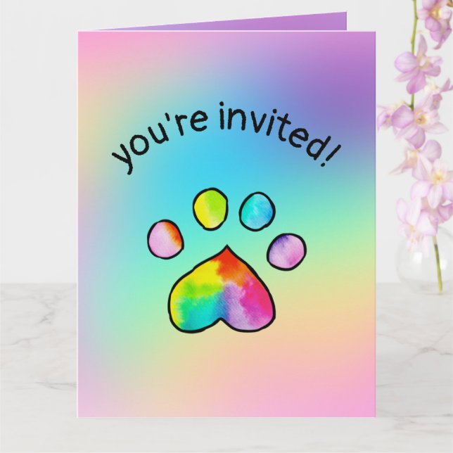 Rainbow Paw Print Birthday Party Invitation (Orchid)