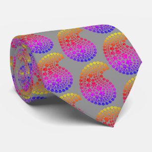 Rainbow Paw Print Paisley Pattern Light Gray Neck Tie
