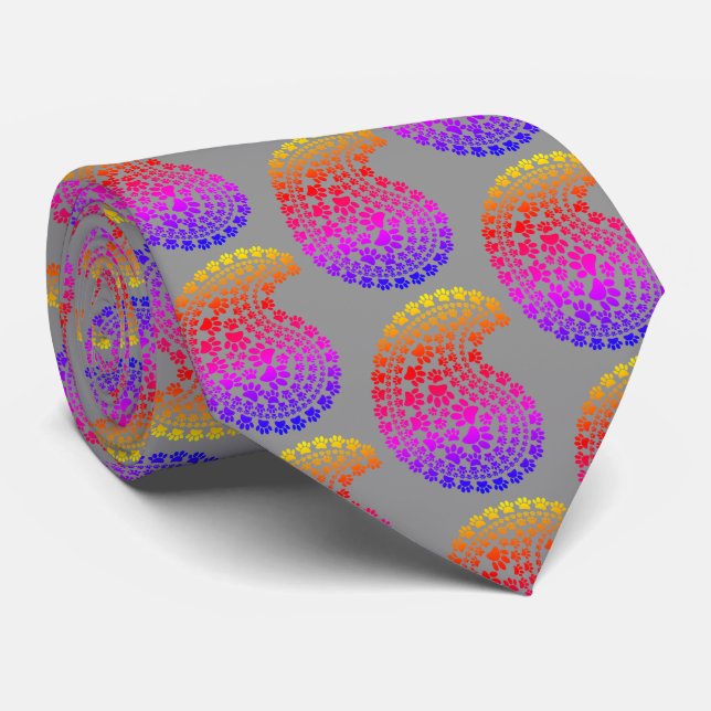 Rainbow Paw Print Paisley Pattern Light Gray Neck Tie (Rolled)