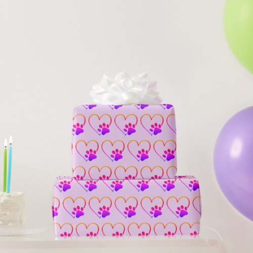 Rainbow Paw Print with Heart Wrapping Paper