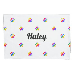 Rainbow Paw Prints Custom Name Pillow Case