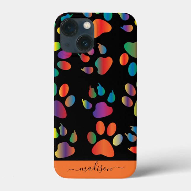 Rainbow Pawprint Pattern Personalized Name Case-Mate iPhone Case (Back)