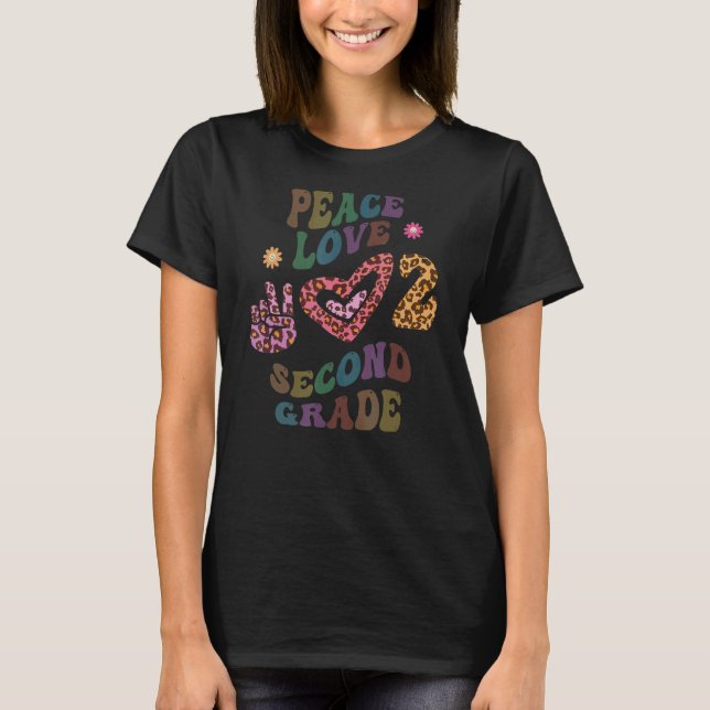 Rainbow PEACE LOVE SECOND GRADE Leopard Print Retr T-Shirt (Front)