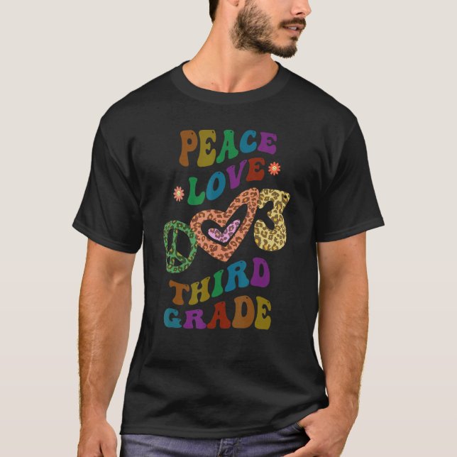 Rainbow PEACE LOVE THIRD GRADE Leopard Print Retro T-Shirt (Front)