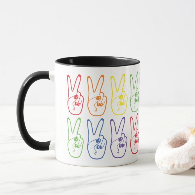 Rainbow Peace Sign Left Hand Colorful Deuces Mug (With Donut)