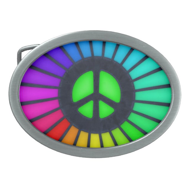 Rainbow Peace Sign Oval Belt Buckle (Front)