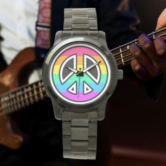 Rainbow Peace Sign Oversized Black Bracelet Watch (Creator Uploaded)