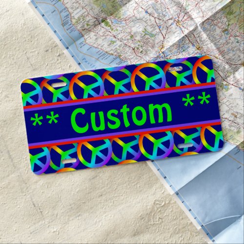 Rainbow Peace Sign Pattern w Custom Text License Plate