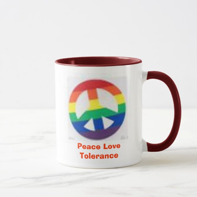 rainbow peace sign, Peace Love Tolerance Mug (Right)