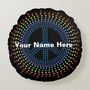 Rainbow Peace Sign Personalized Black Round Pillow