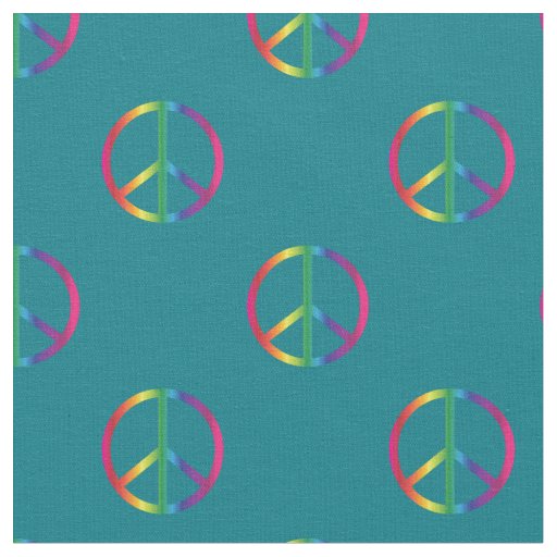 Rainbow Peace Signs Teal Fabric