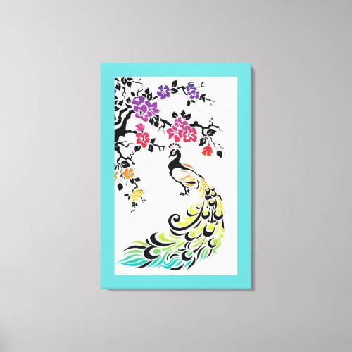 Rainbow peacock  cherry blossoms aqua border canvas print