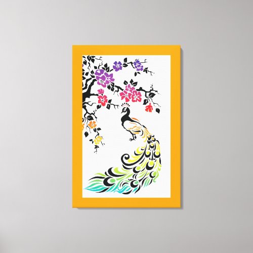 Rainbow peacock  cherry blossoms orange border canvas print