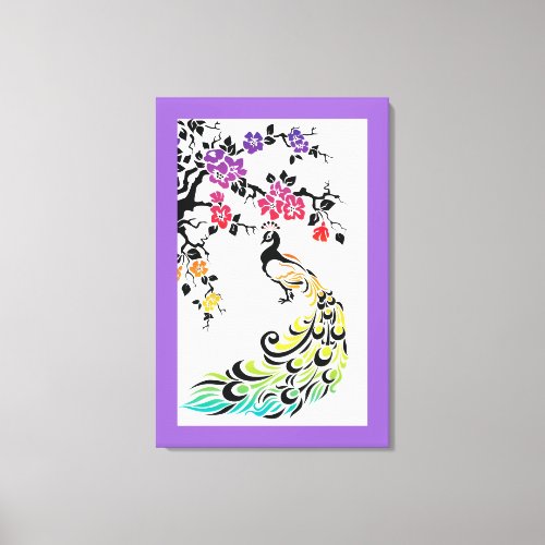 Rainbow peacock  cherry blossoms purple border canvas print