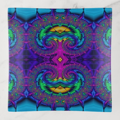 Rainbow Peacock Colored Fractal Art Swirl  Trinket Tray