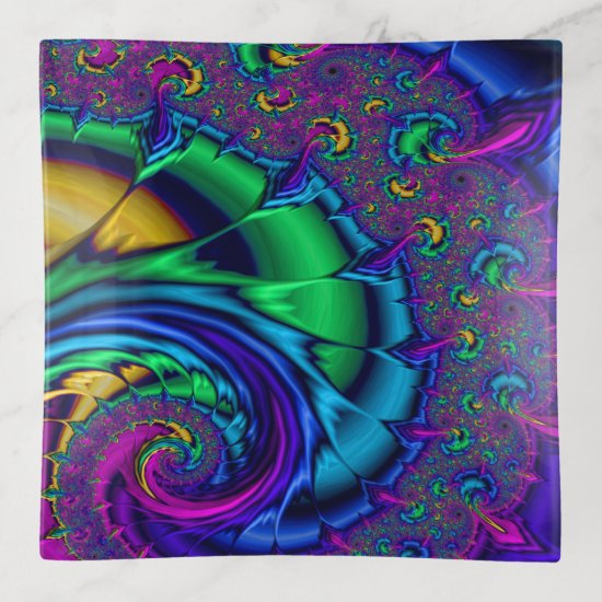 Rainbow Peacock Colored Fractal Art Swirl Trinket Trays