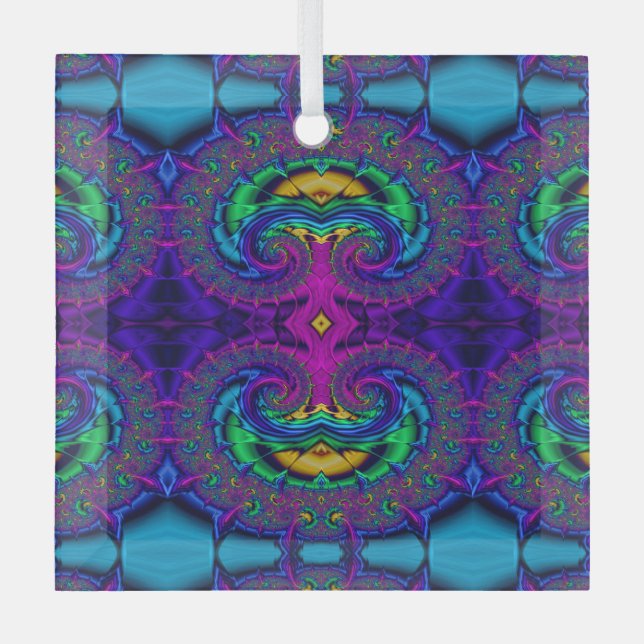 Rainbow Peacock Fractal Art Swirl Suncatcher Glass Ornament (Front)