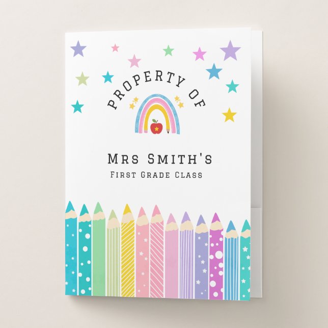 Rainbow pencil Property Of Classroom Sticker Rain Pocket Folder (Front)