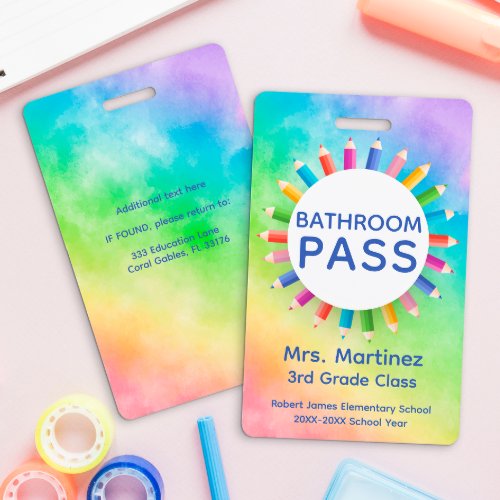 Rainbow Pencils Classroom Bathroom Pass Badge