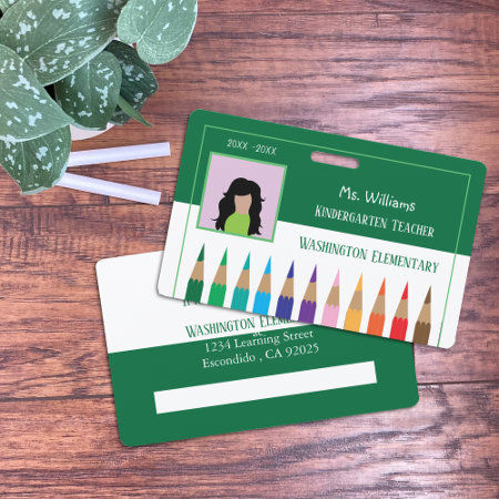 Rainbow Pencils Kindergarten Teacher Green Badge