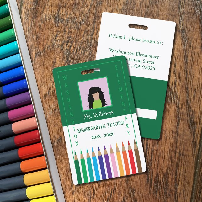 Rainbow Pencils Kindergarten Teacher ID Badge (Vertical green and white employee photo ID badge.)