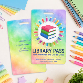 Rainbow Pencils Personalized Library Pass Badge