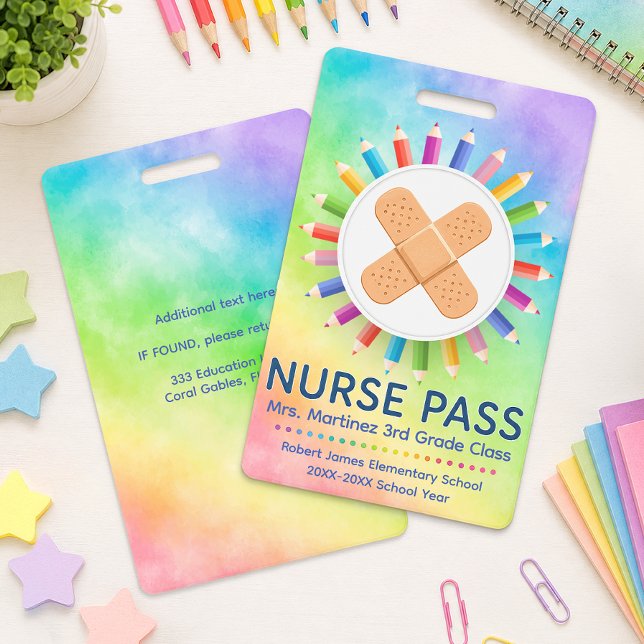 Rainbow Pencils Personalized Nurse Pass Classroom  Badge (Classroom Nurse Pass)