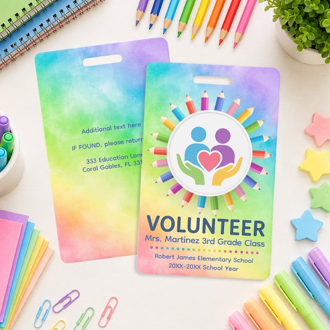 Rainbow Pencils Personalized School Volunteer Badge (Volunteer Badge)