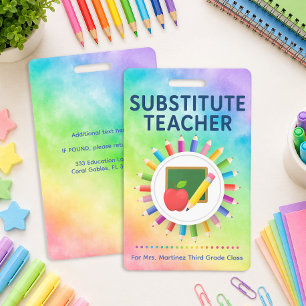 Rainbow Pencils Personalized Substitute Teacher Badge