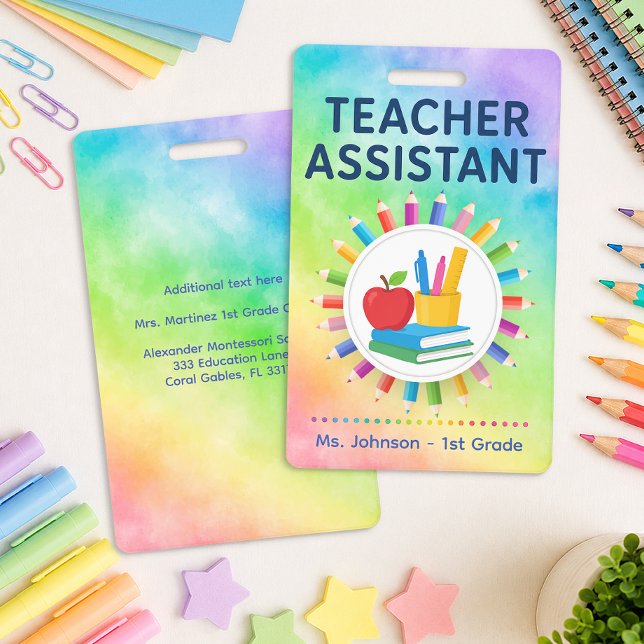 Rainbow Pencils Personalized Teacher Assistant  Badge (Teacher Assistant Badge)